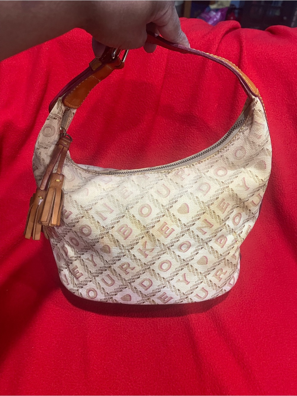Dooney & Bourke Neutral Logo-Print Hobo Bag with Tan Leather Trim: Project Bag